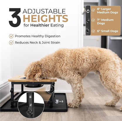 Adjustable Raised Dog Bowls – Elevated Dog Bowl Stand with Bamboo Stand, 2 Stainless Steel Bowls, Slow Feeder Insert & Silicone Mat – Dog Bowls with Stand for Small & Medium Dogs