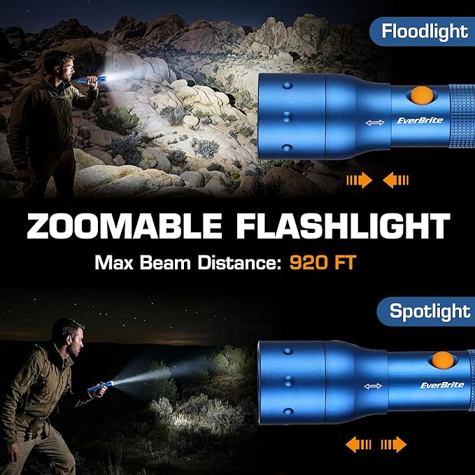 EverBrite Ultra Bright Tactical Flashlight, 900 Lumen Zoomable Adjustable Focus, 3 Light Modes, Heavy-Duty Aluminum Torch for Hurricane Supplies Camping, Includes 3C Alkaline Batteries-Blue