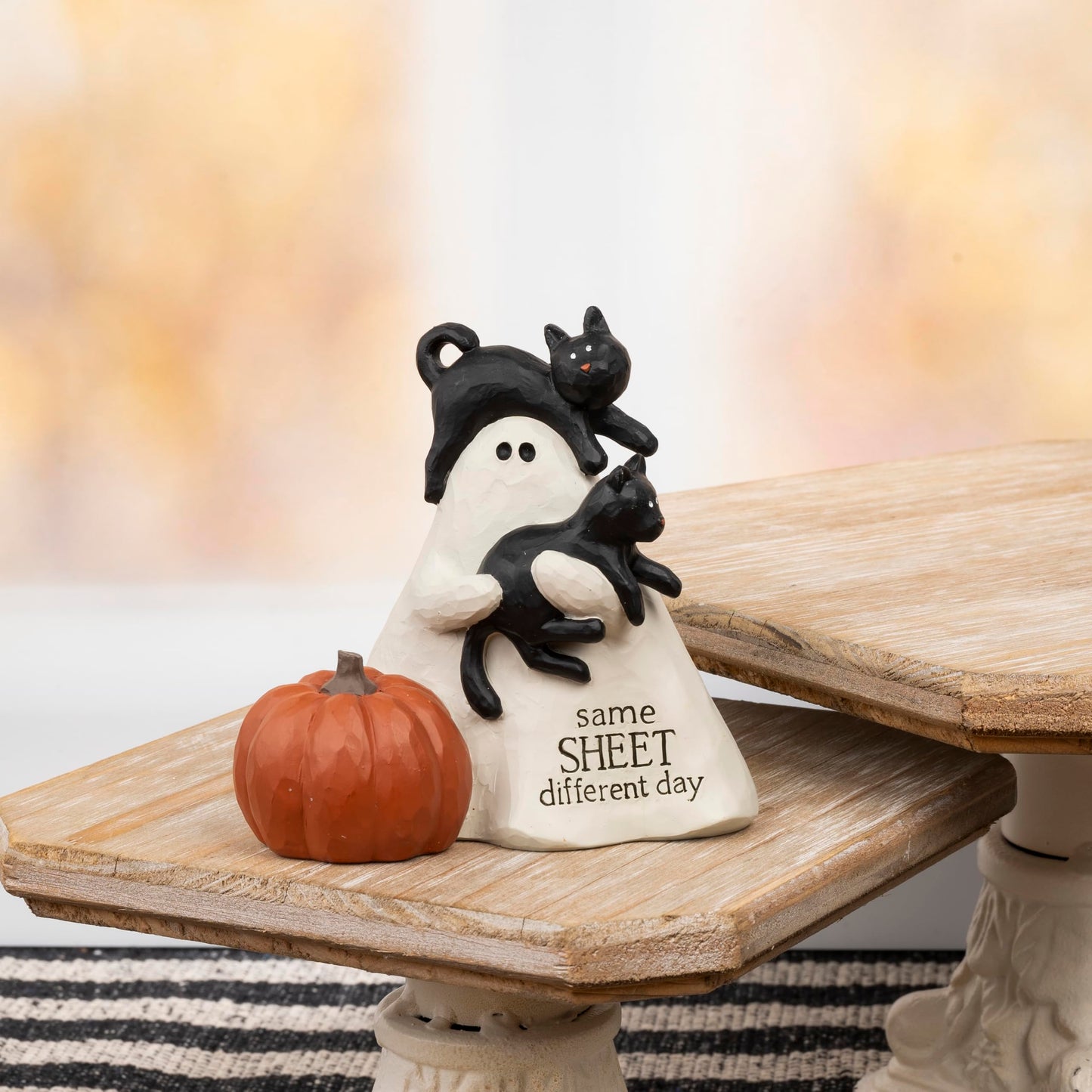 Blossom Bucket Halloween Ghost with Black Cats and Pumpkin Figurine, Same Sheet Different Day Design