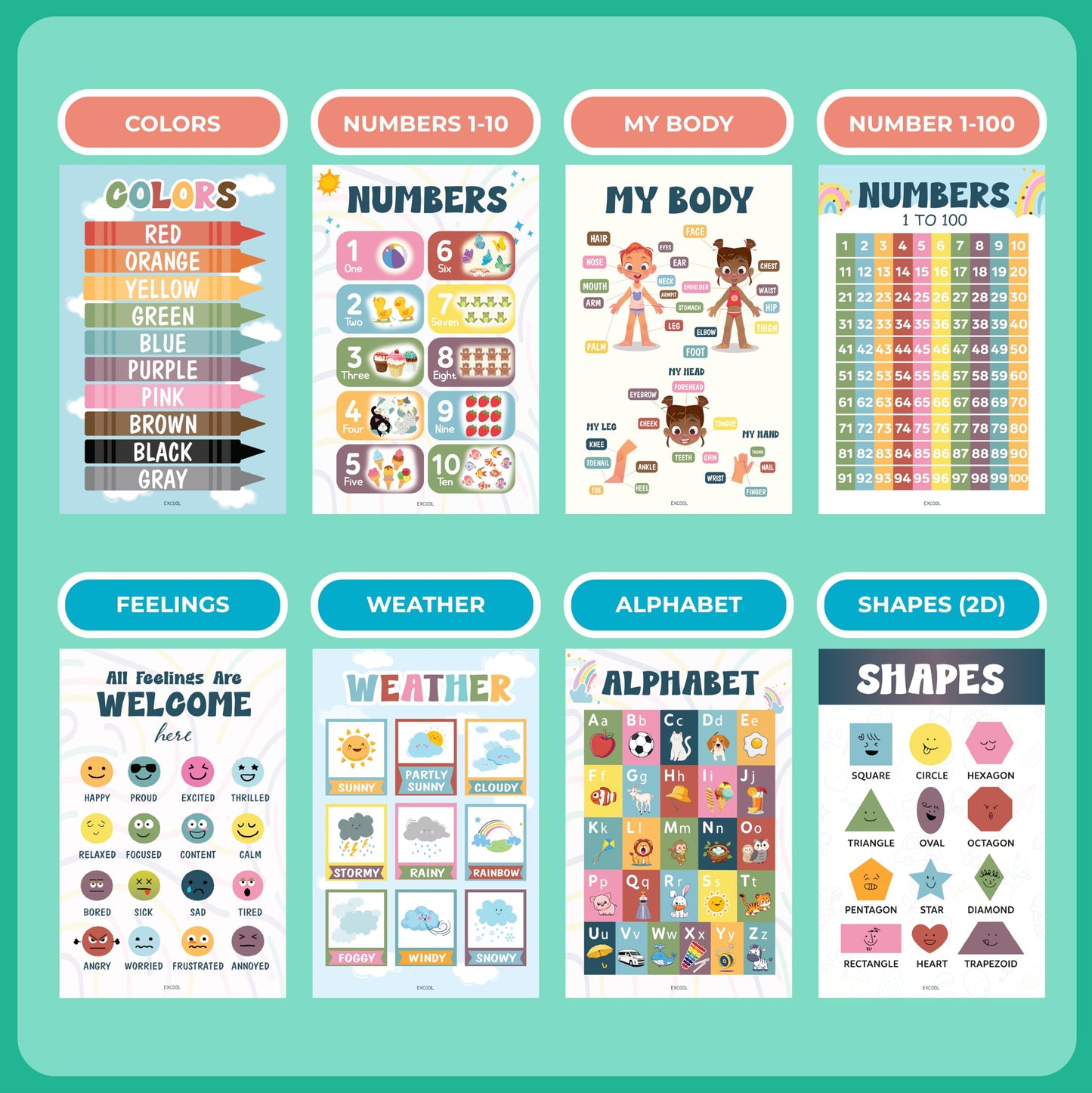 EXCOOL CLUB 16 Laminated Boho Educational Posters For Toddlers - Toddler Learning Posters For Kids, Homeschool Kindergarten Classroom Must Haves, Abc Number Chart Prek Classroom Decor