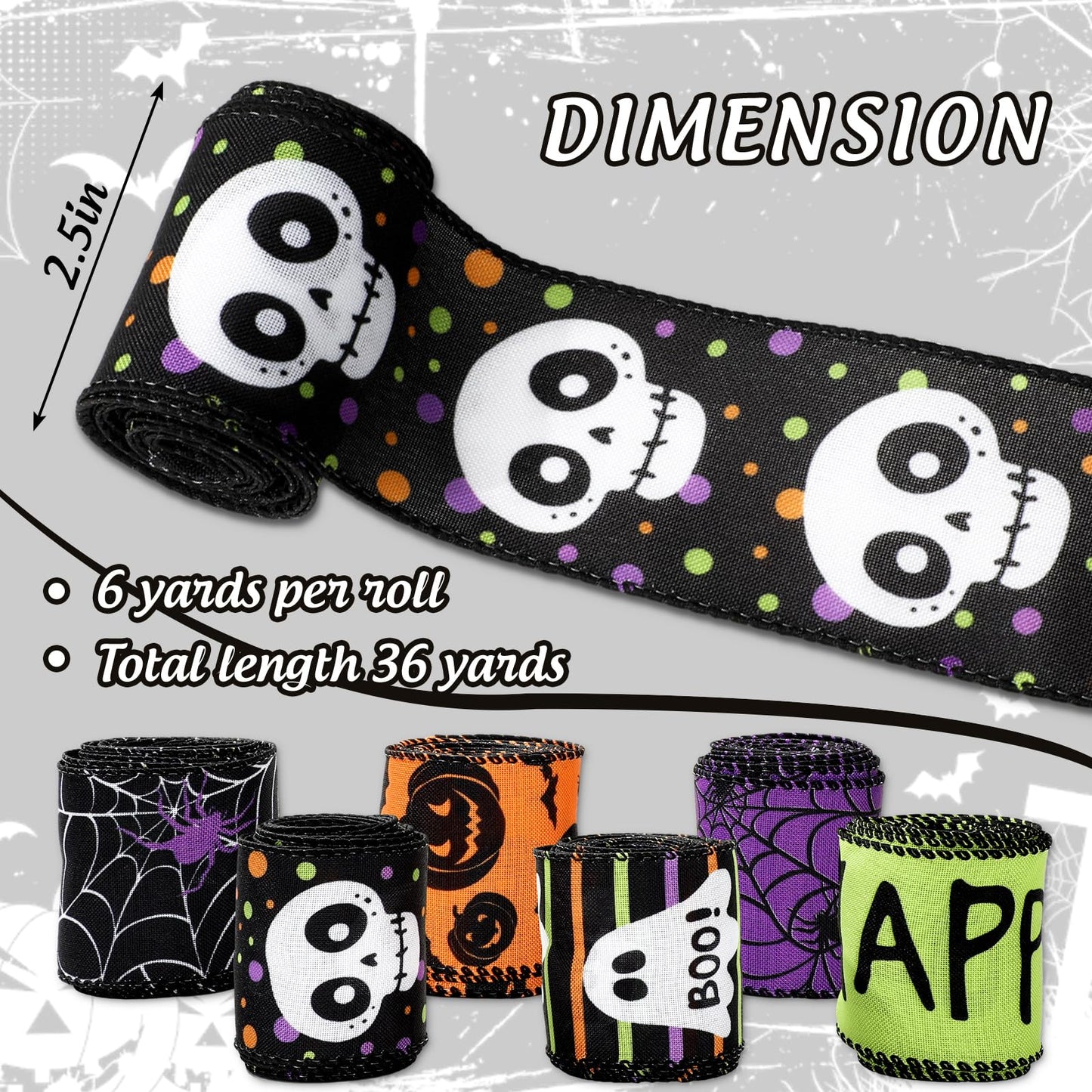 Whaline 6 Roll Happy Halloween Wired Edge Ribbon Ghost Boo Pumpkin Skull Spider Ribbon Colored Fabric Ribbons for Wreath Bow Making DIY Crafts Wrapping, 30 Yard