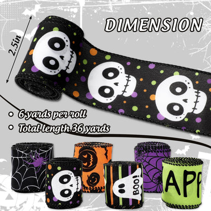 Whaline 6 Roll Happy Halloween Wired Edge Ribbon Ghost Boo Pumpkin Skull Spider Ribbon Colored Fabric Ribbons for Wreath Bow Making DIY Crafts Wrapping, 30 Yard