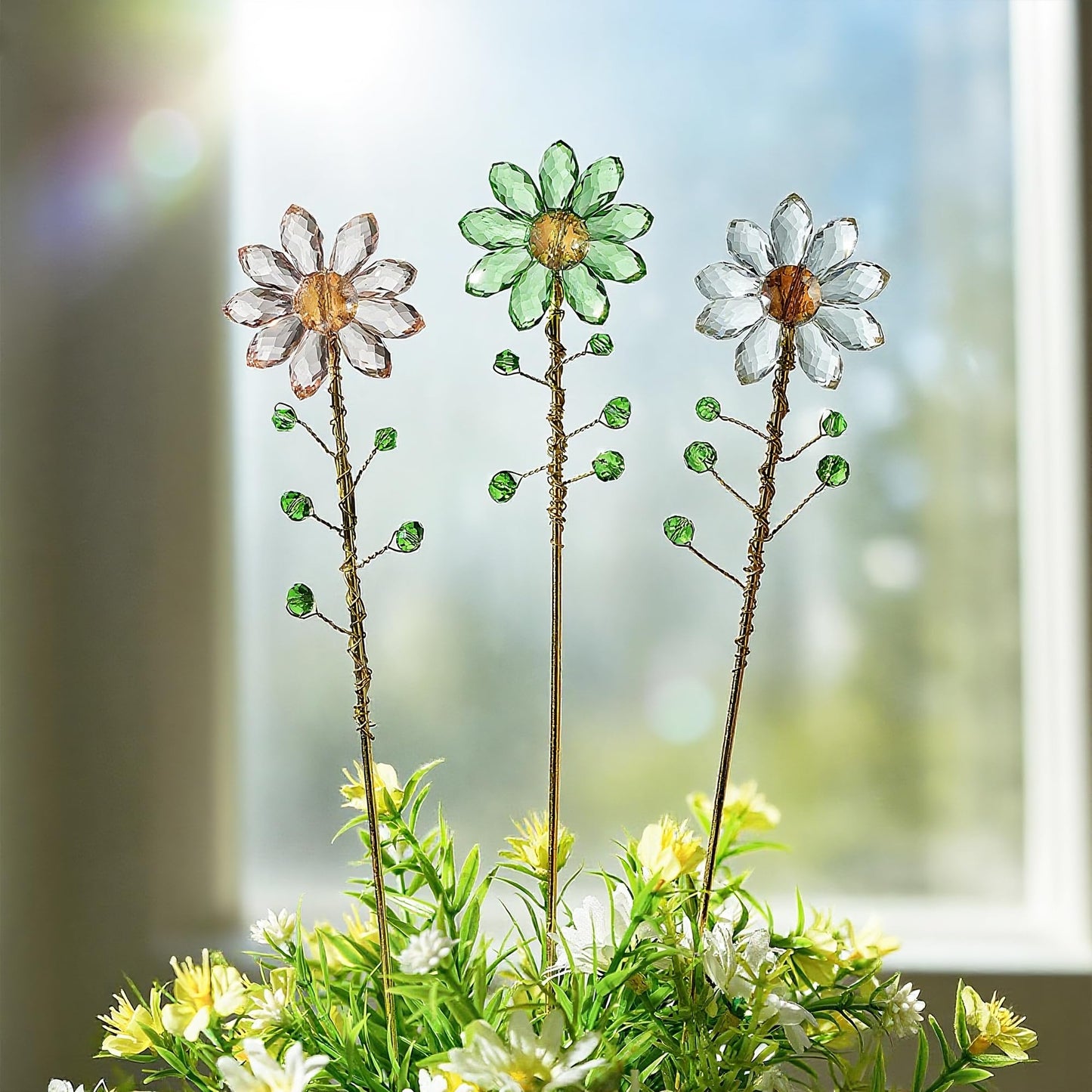 H&D HYALINE & DORA 3 Pcs Crystal Sunflower Suncatchers with 13'' Gold Trellis Metal Plant Stake for Indoor Outdoor Garden Potted Plants Decorations Plant Lover Gift(Clear, Green, Pink)