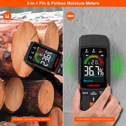 LASELION 2-in-1 Pin & Pinless Moisture Meter MS03 – Accurate Moisture Detection for Wood, Concrete, Drywall, and More – LCD Display with Hold Function, Flashlight, and Auto Power Off
