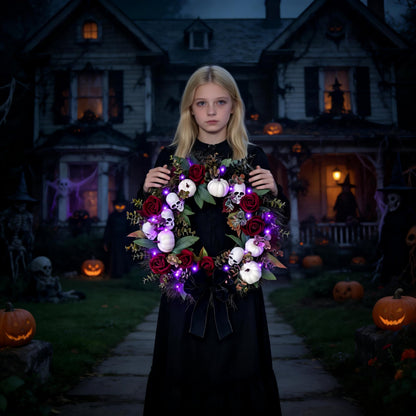 HipTree 20 Inch Light Up Halloween Wreath for Front Door with Skulls Roses Pumpkins, Gothic Black Wreath with Purple LED Lights, Battery Operated Timer Spooky Fall Wreath for Indoor Outdoor Porch