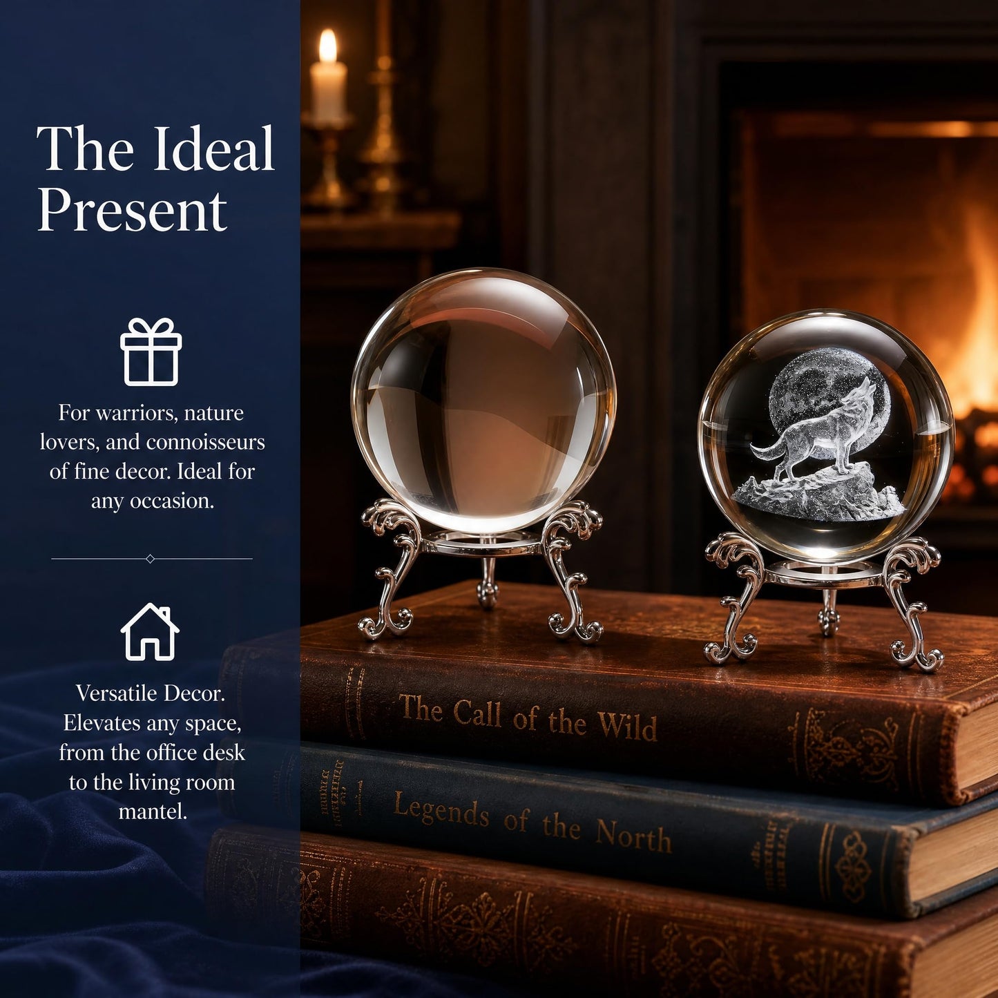 vskikris 2 Crystal Balls with Silver Stands - 3D Laser Engraved Wolf & Moon & Clear Crystal Sphere Set, Decorative Paperweights, Home & Party Decor, Photography Props, for Men & Nature Lovers