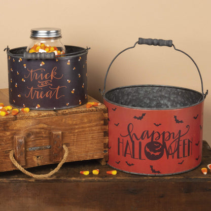 Primitives by Kathy Halloween Metal Buckets, Set of 2, Trick or Treat, Happy Halloween