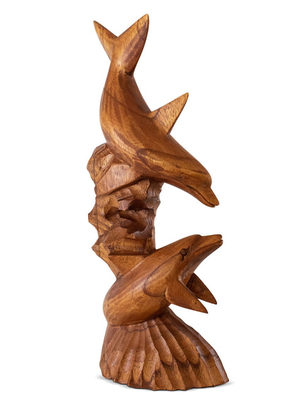G6 Collection Wooden Hand Carved Dolphin Statue Sculpture Wood Decorative Home Decor Accent Figurine Handcrafted Handmade Seaside Tropical Nautical Ocean Coastal Decoration (2 Dolphins on Coral, 12")