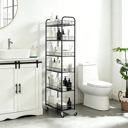 Slim Rolling Storage Cart with Wheels,10in 6 Tier Black | Narrow Space Rolling Shelving Unit , Metal Wire Mobile Organizer Rack for Kitchen Bathroom Office Laundry