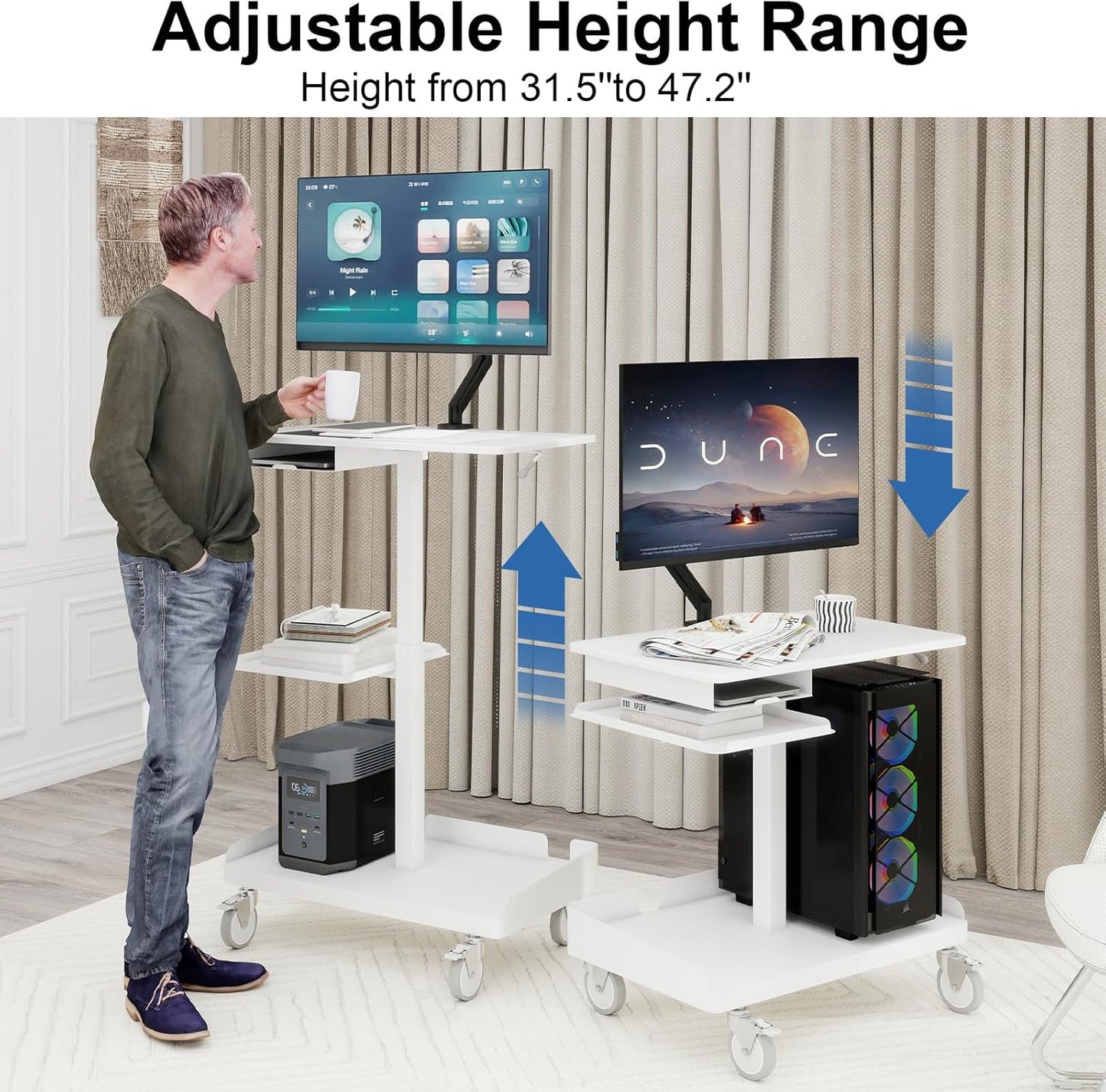 Natwind Mobile Workstation Cart with Monitor Mount,Height Adjustable Rolling Computer Cart, Heavy-Duty Rolling Standing Desk with CPU Holder for Home Office, School,Warehouse, Medical, Workshop