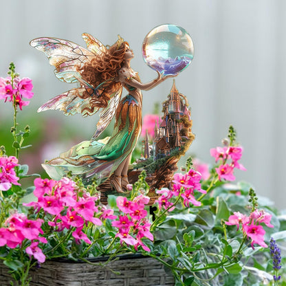 ANNUOZE Fairy Garden Stake Decor, 2D Flat Acrylic Fairy Garden Decor Panel, Elf Yard Sign for Outdoor Indoor Yard Lawn Plants Pots, Fairy Garden Accessories (Fairy with Crystal Ball)