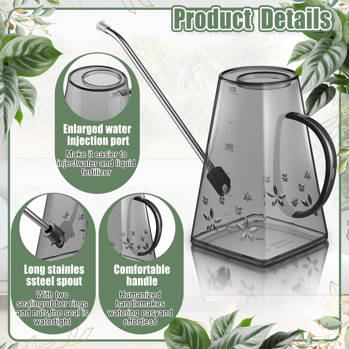 Ferrochef Indoor Plants Watering Can for Indoor Plants Long Probe Soil Moisture Meter Long Spout Watering Cans Water Monitor Indicator for Pot Flower House Gardening Farming(Gray,1.4 L,Trapezoid)
