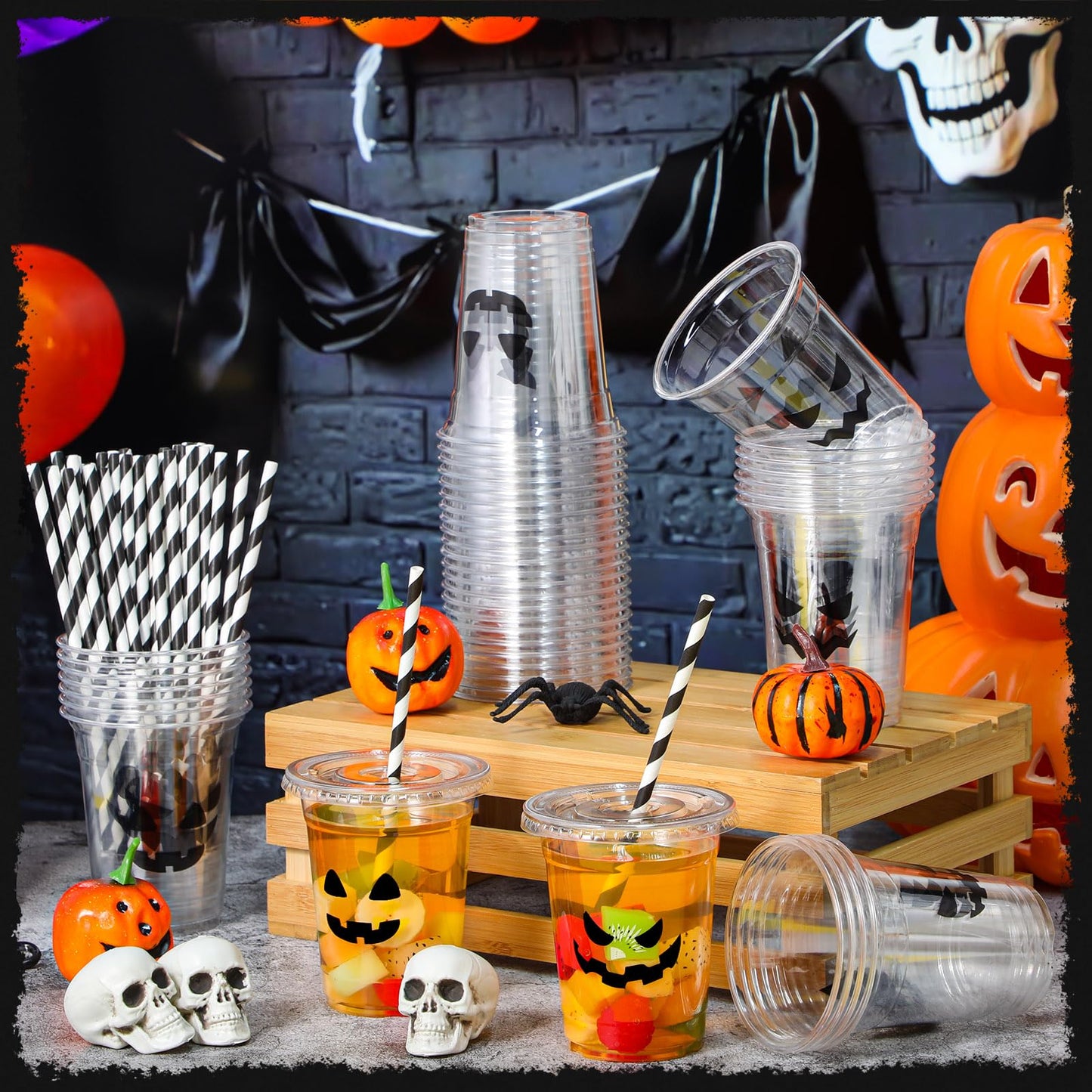 Bokon 60 Pcs Halloween Plastic Cups with 60 Lids and 75 Pcs Straws 12oz Disposable Clear Ghost Face Cups Bulk 12 Styles for Beverage Drink Snacks Wine Halloween Trick or Treat Supplies