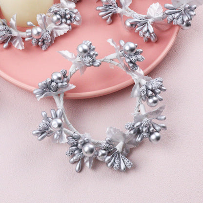 Brihaspory White Christmas Candle Rings Set of 4, Handmade Silver Berry Mini Candle Wreaths for New Year Dinner Party Table Centerpieces