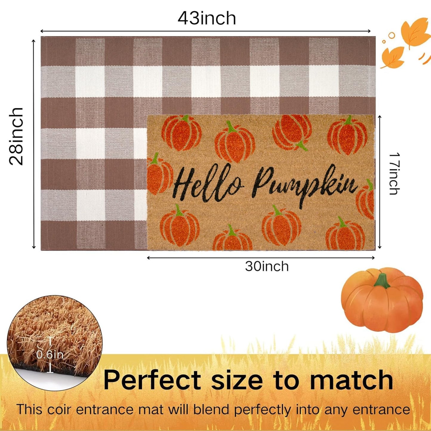 Fall Decor Door Mat Combo Set, Hello Pumpkin Coco Coir Welcome Doormat + 28" x 43" Mocha and White Plaid Rug, Autumn Thanksgiving Front Porch Entryway Decor Floor Mats