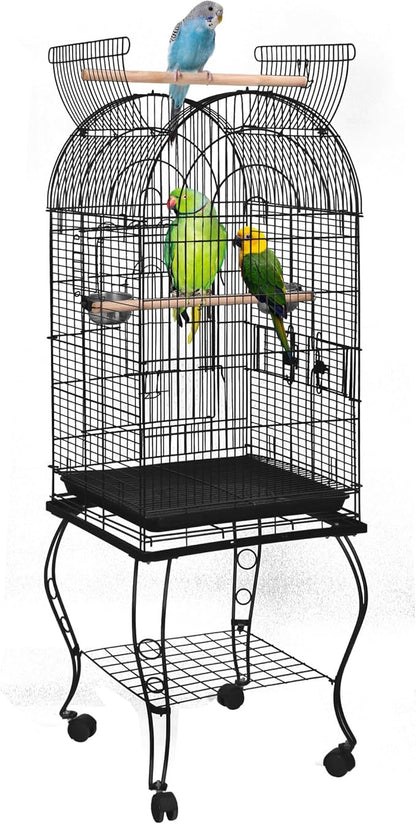 SUPER DEAL 64'' Rolling Bird Cage Large Wrought Iron Cage for Cockatiel Sun Conure Parakeet Finch Budgie Lovebird Canary Medium Pet House with Rolling Stand & Storage Shelf