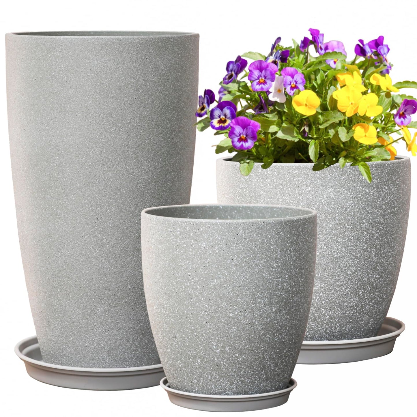Tall Plant Pots Cement Grey Finish Unbreakable Flower Pot with Drainage Holes&Tray 11+12+21Inch H Planters For Garden Patio Indoor Outdoor Plants Modern Décor for Tall Plants Gift For Plant Lovers