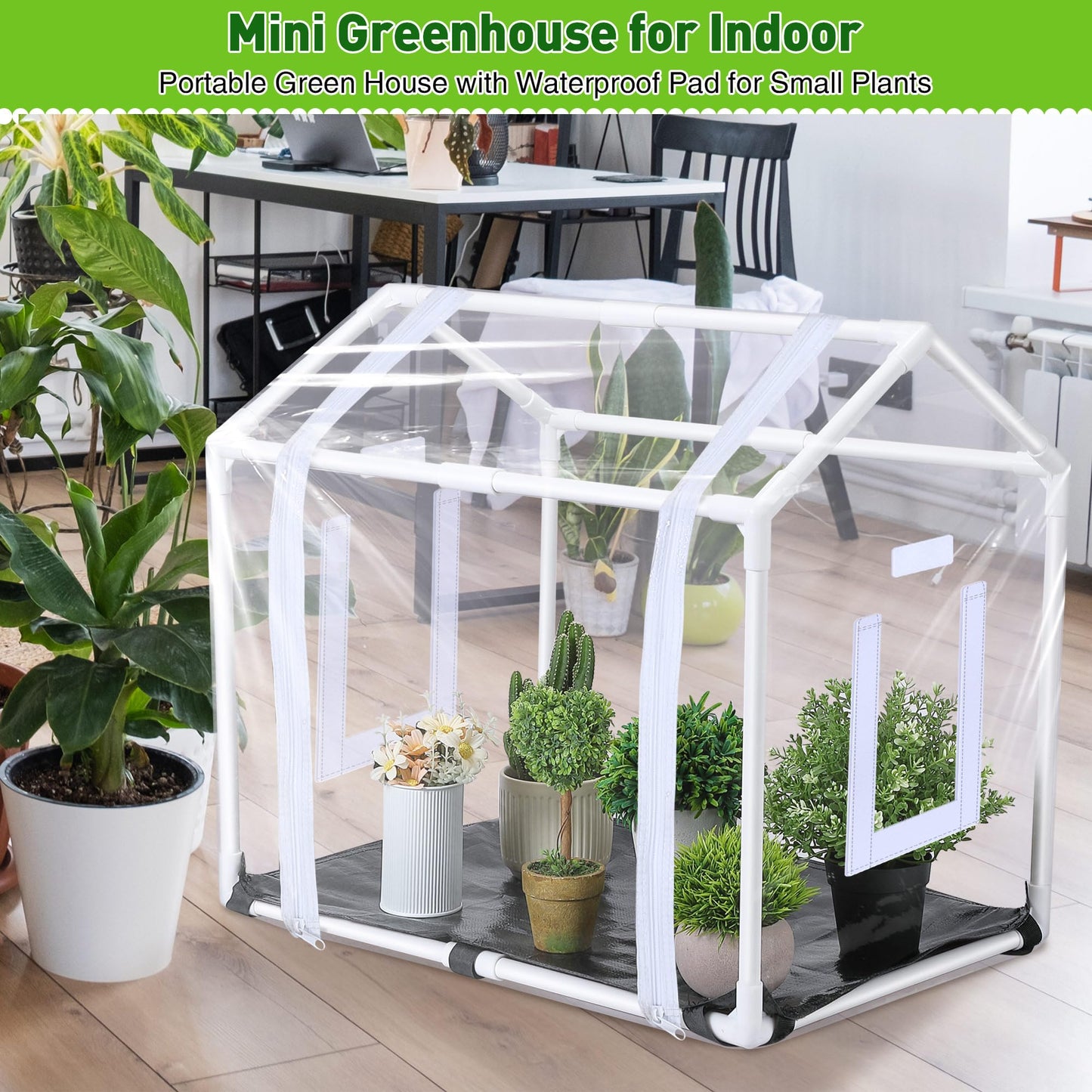 Mini Greenhouse with Potting Mat for Indoor Plant, Heavy Duty Portable Green House with Waterproof Pot Pad for Small Plants, Clear Small Plant Tent for Seed Humidity(White)