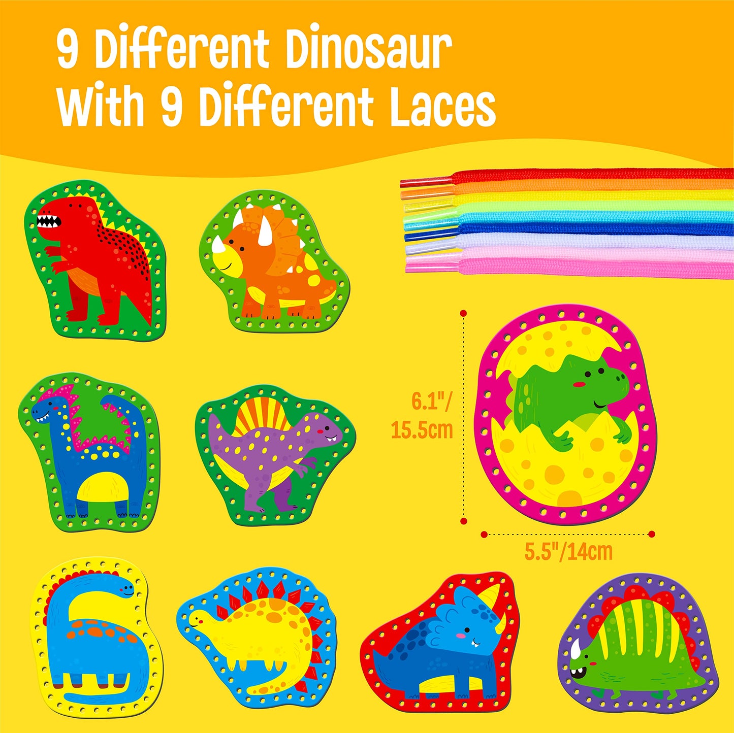 SpriteGru 9 Pieces Kids Lacing Cards, Double Sided Sewing Cards in 9 Dinosaurs with 9 Colorful Laces, Imagination Development Lacing Toys Games for Children Educational and Learning Activity