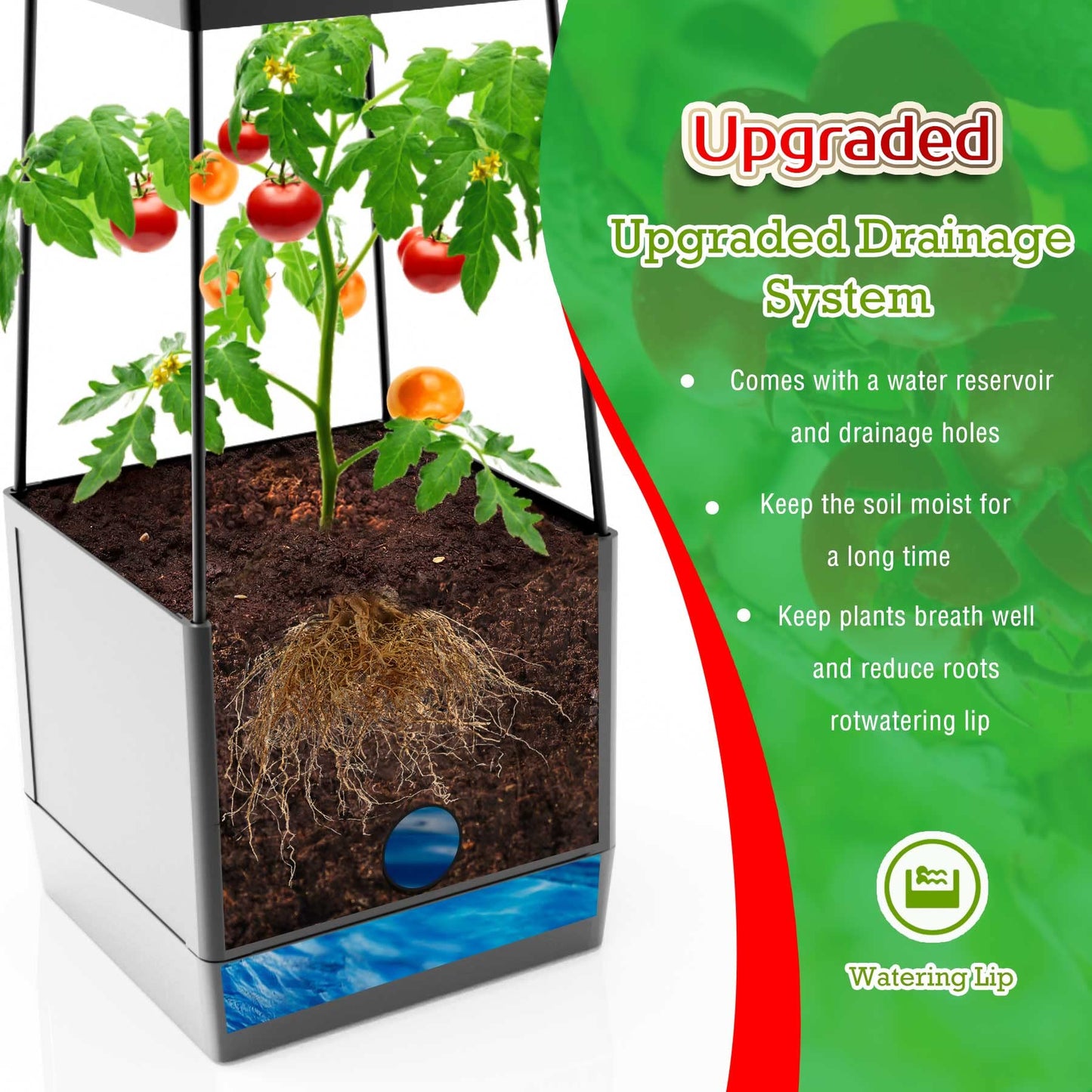 Raised Garden Bed Planter Boxes & Trellis, vanpein Tomato Cage & Planter Pot Outdoor 59" Plant Support with Self Watering for Climbing Vegetable Flowers Vines Plants, Gray