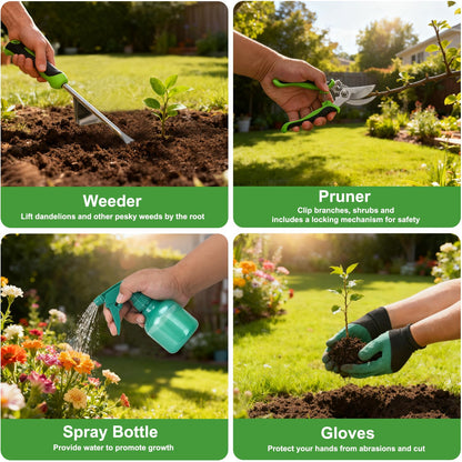 Yesker Gardening Tools 9-Piece Heavy Duty Garden Tool Set Gardening Supplies Gifts for Women Men Gardening Hand Tool Kit with Non-Slip Ergonomic Handle, Garden Bag, Durable Gloves and Shears, Green