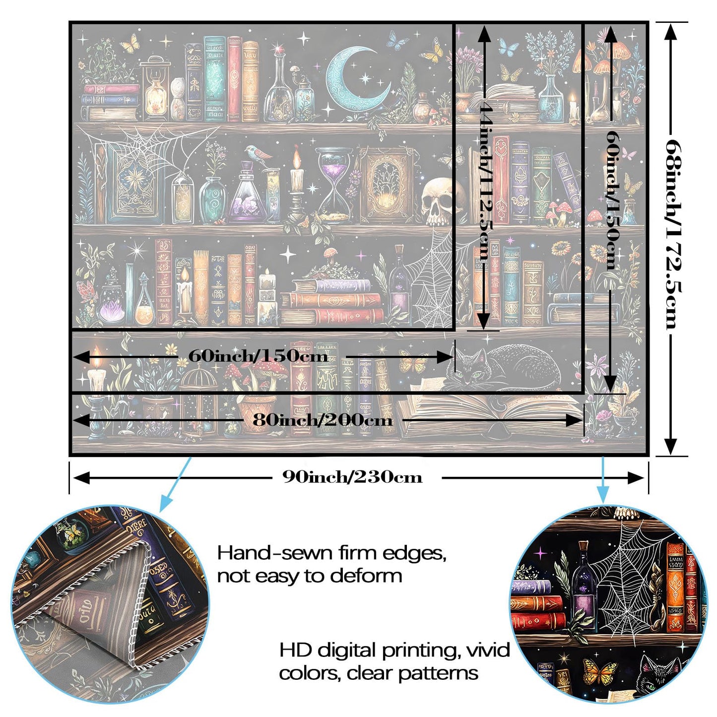 Motanber Witchy Bookshelf Tapestry Magic Gothic Witch Library Tapestries Wall Hanging Vintage Mushroom Skull Black Cat Dark Academia Book Large Tapestry for Bedroom Living Room Dorm 80 x 60 inch
