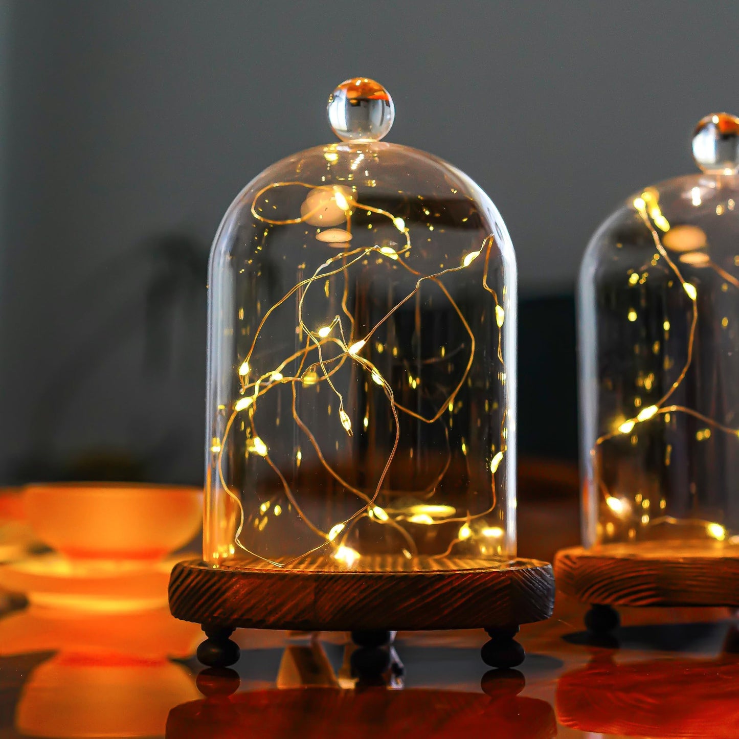 2 Pack Decorative Glass Cloche Bell Jars with Wooden Bases, 6.4" Tall Tabletop Accent Covers for Seasonal Centerpieces, Fairy Lights and Home Decor