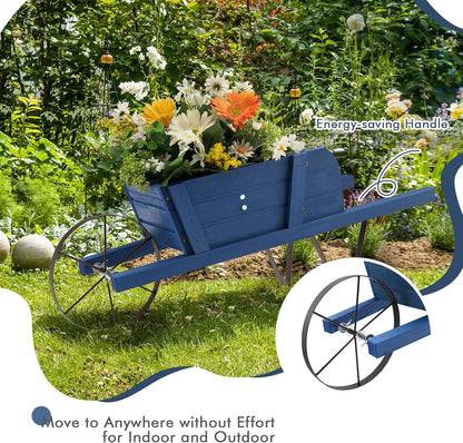 HAPPYGRILL Wooden Wagon Planter, Small Flower Planter Box w/Triangular Metal Support, 2 Energy-Saving Handles, Movable Wheel, Wood Wheelbarrow Cart Pot for Garden Backyard Holiday (Blue)