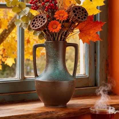 ArtCachet Ceramic Flower Vase with Handles,7.8" Tall Vase for Centerpieces,Large Decorative Terracotta Vases, Farmhouse Rustic Pottery Vase for Home Decor Living Room,Table,Shelf or Mantel