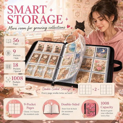 1008 Cute Card Binder 9 Pocket, 3-Ring Trading Card Binder with 56 Page Removable Sleeves, High Storage Waterproof Trading Card Holder Collection Card Album Organizer Case for TCG Cards - Flower