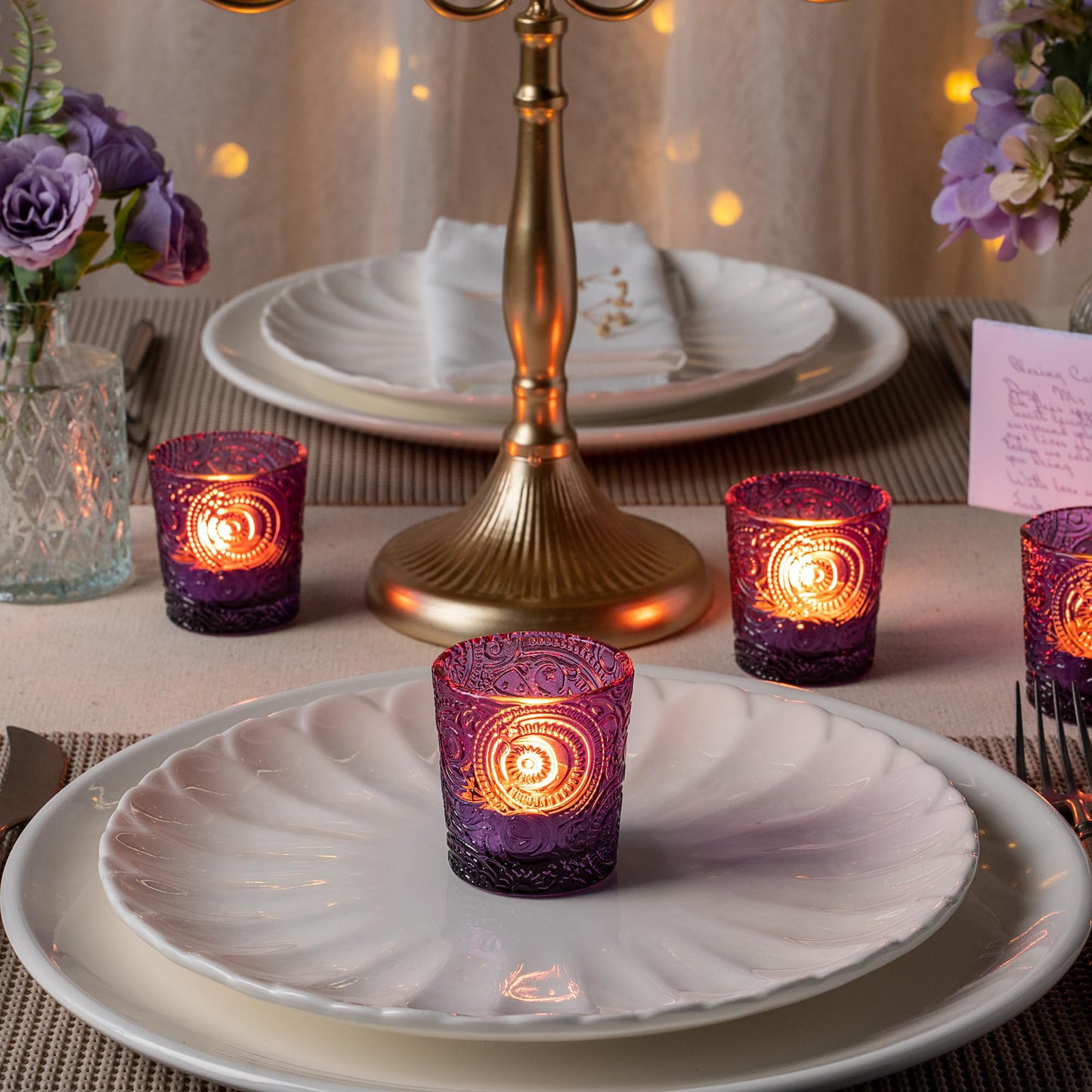 Purple Sun Moon Stars Glass Tealight Holders, 12 Pack