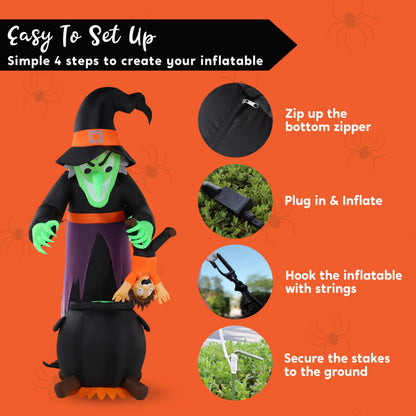JOYIN 7FT Halloween Witch Animated Inflatable Decoration Witch Swinging Child Over Cauldron Inflatable Decoration Built in LED Giant Halloween Animatronics