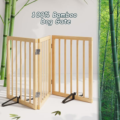 Semiocthome Bamboo Freestanding Dog Gates for Doorways, 3-Panel Indoor Puppy Gates for The House with 2 Metal Stands, 24"(H) Folding Pet Gate for Stairs Expands Up to 55"(W) No Installation Resquired