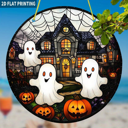7.9inch Cute Halloween Suncatcher for Window Hanging,Ghost Pumpkin Castle Acrylic Suncatcher with Chain Halloween Window Decor for Home, Garden, Housewarming Round Ornament, Gift for Women Friend