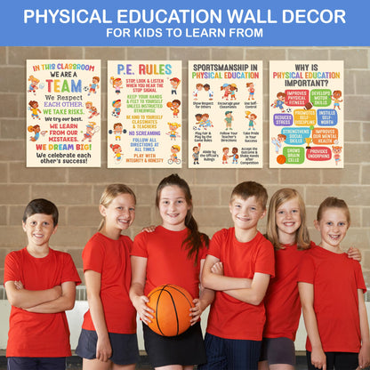 Lalunia 4 Pcs Classroom Exercise Posters (11x16) - Physical Education Class Rules Poster Decoration, Welcome to P.E Wall Art, Kids Workout Activity, Sports Education Supplies for PE Teachers