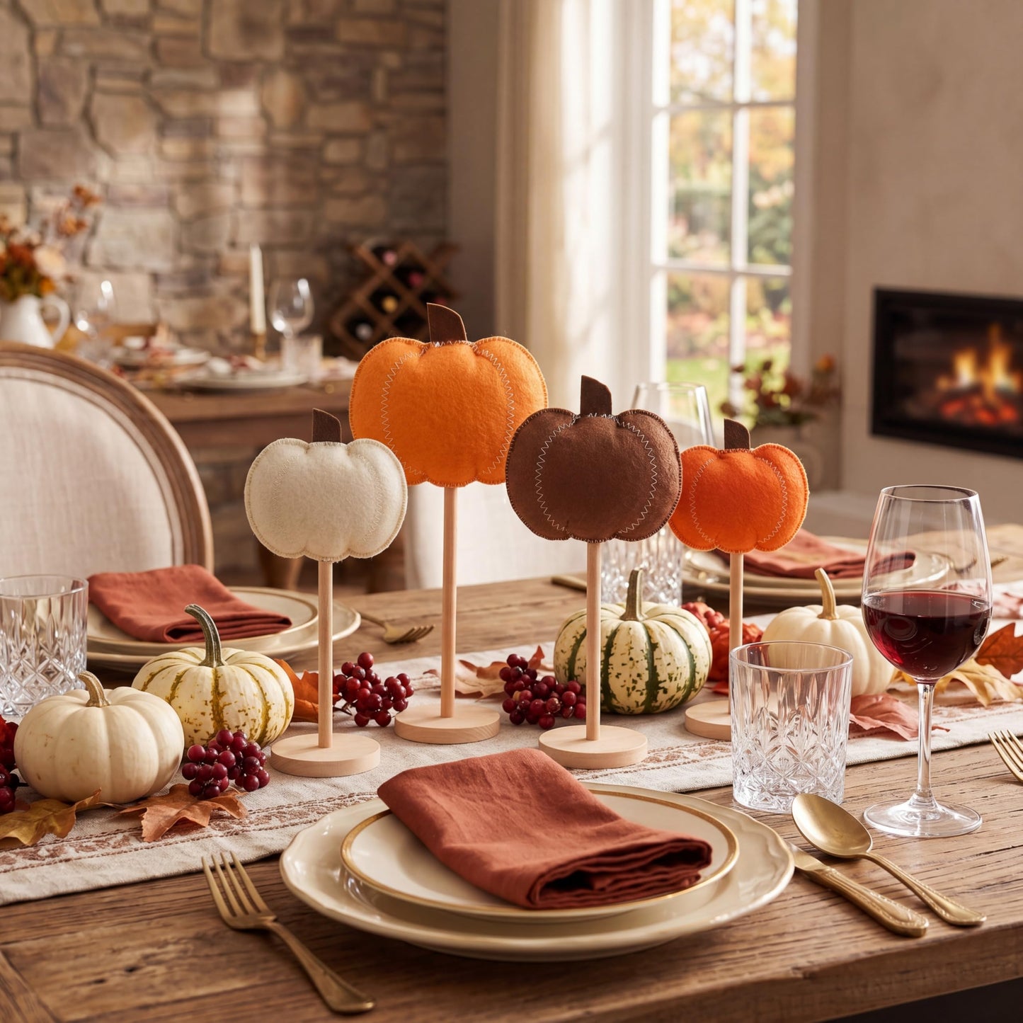 SiliFine 4 Pcs Fall Decorations for Home, Felt Pumpkin Standing Tabletop Decor, Handcrafted Rustic Fall Felt Pumpkin Tabletop Decoration for Thanksgiving Autumn Farmhouse Home Decoration