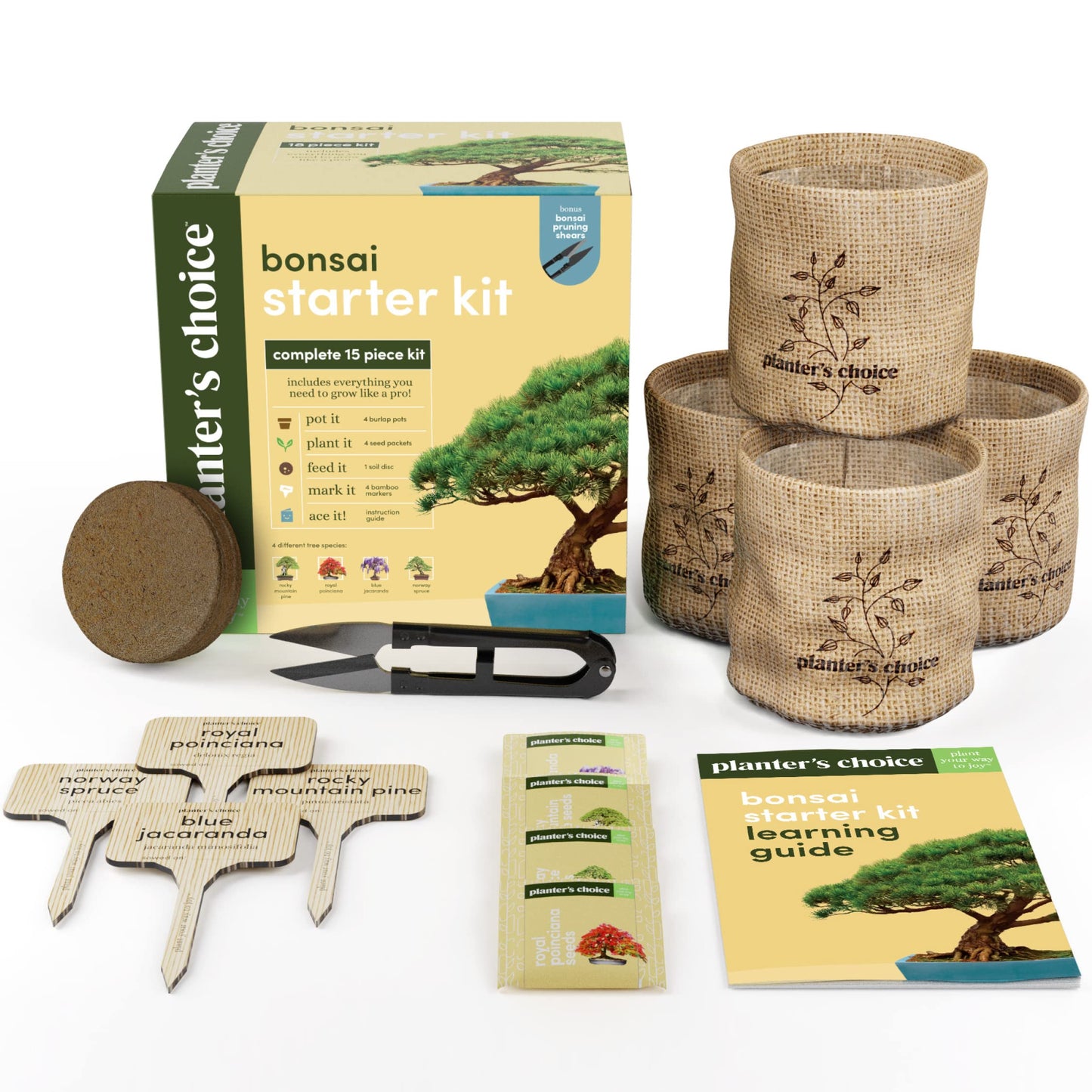 Planter's Choice Bonsai Tree Kit for Beginners & Plant Lovers - Grow Your Own Bonsai from Seed, 4 Species Starter Kit with Burlap Pots, Shears, Soil Disc, Markers & Guide, Gift for Mom or Grandma