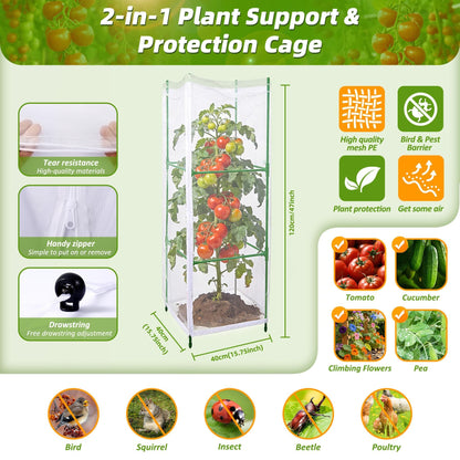 NRWRTY 3 Pack Square Tomato Cages with 3 Plant Covers, 47 Inch Tall Cages for Tomato, Tomato Trellis with Bird Netting, Vertical Garden Trellis for Climbing Plants Vegetables in Outdoor
