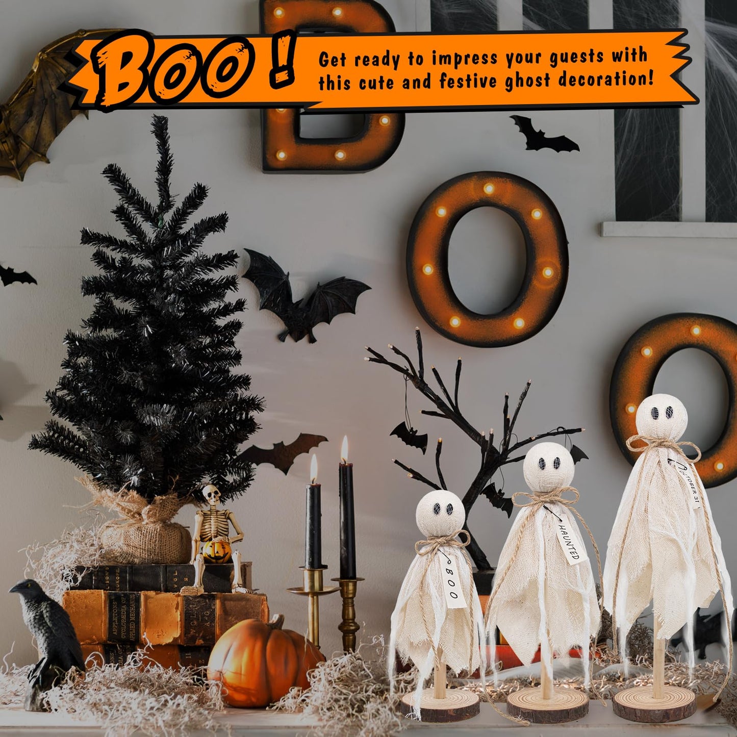 Wooden Ghost Halloween Decorations Indoor– Set of 3 Sizes Rustic Shelf Sitters with Fabric Ghost Figures – Halloween Table Decor for Tiered Tray, Mantel, Halloween Party Supplies（White）