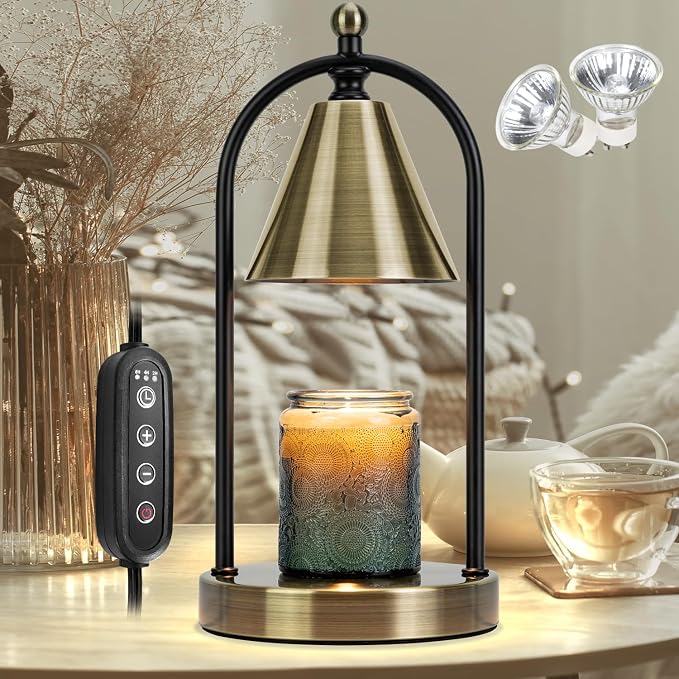 Candle Warmer Lamp with Timer, Electric Brass Light for Dimmable Wax Melts and Candle Jars, Bedroom Lamp Gifts for Women Home Decor (2 Bulbs)