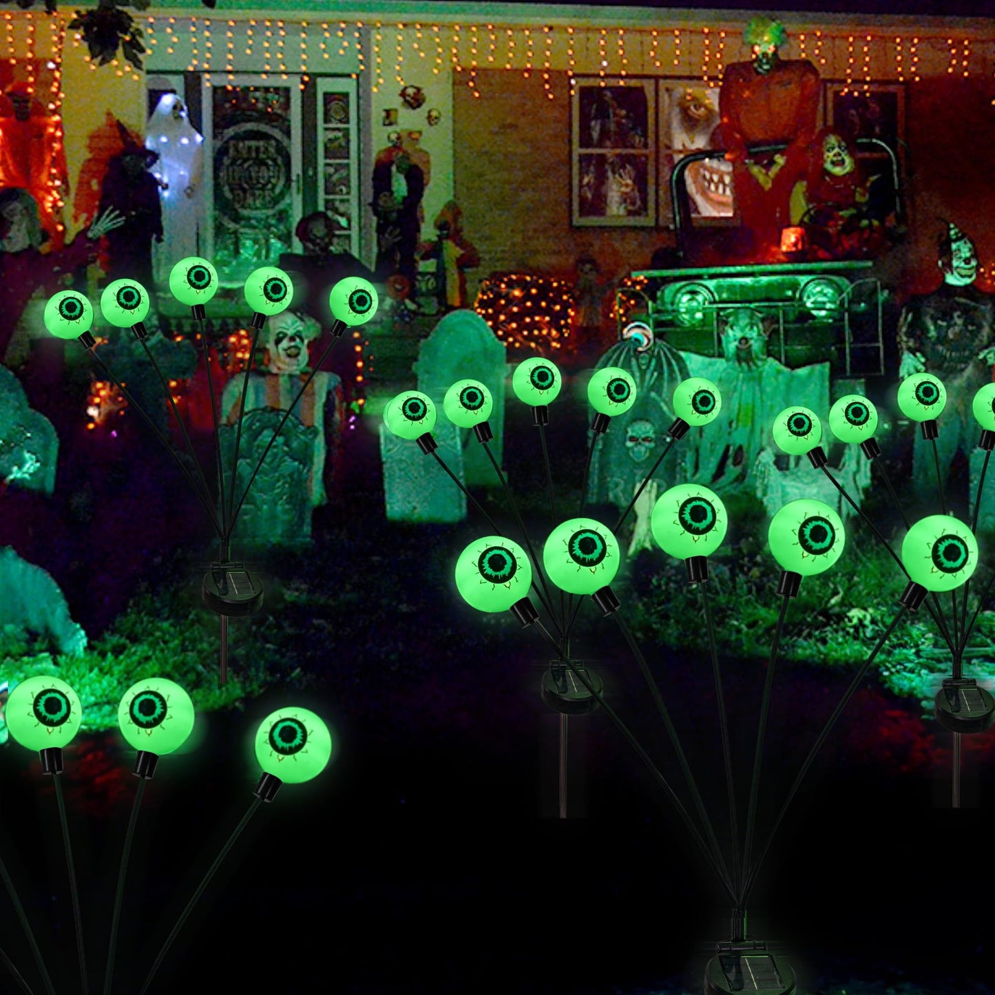 Dazzle Bright Halloween Decorations Outdoor, 2 Pack 12LED Solar Eyeball Pathway Lights, Scary Waterproof Solar Green Firefly Lights for Garden Lawn Yard Decor