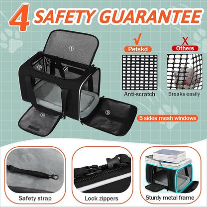 Petskd Small Pet Carrier with Wheels(18" L x 11" W x 11" H), Delta/American/United Airlines Approved, Rolling Pet Carrier for Small Dogs & Cats (Black)
