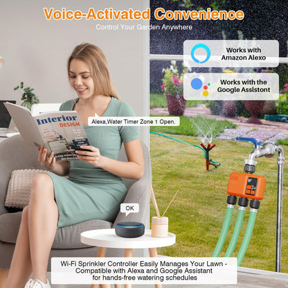 Smart WiFi Sprinkler Timer 3 Zone,WiFi Water Timer for Garden Hose with 984 FT Range,Strong Wall Penetration,APP & Remote Control,Alexa & Google Voice Compatible,Rain Delay, Manual Irrigation