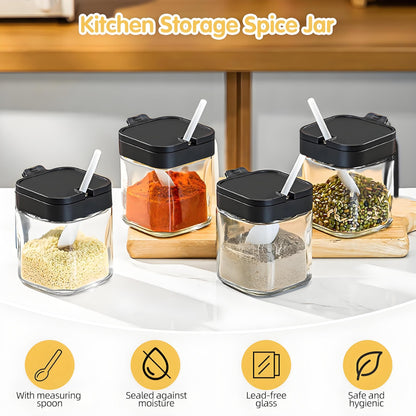 WANYISHUN Condiment Jar Spice Container with Lids and Spoons, Kitchen Spice Pot Set of 3, 11oz Clear Glass Condiment Pot with Tray, Kitchen Salt Pepper Sugar Storage Container Jar (black, 300ml)