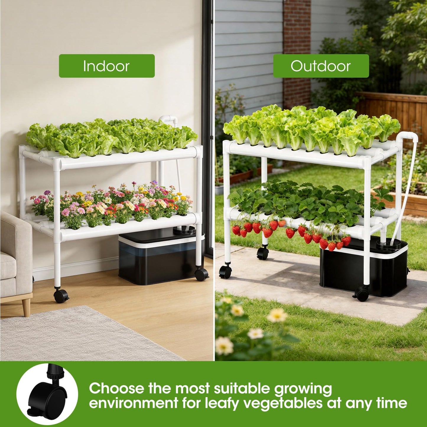 Hydroponics Growing System Kit with Wheels, 54 Plant Sites Gardening Aquaponics Tower, 2-Tier Food-Grade PVC-U Pipes Water Pump Timer for Leafy Vegetables, Indoor, Outdoor (33"x35"x14" in 54 Holes)