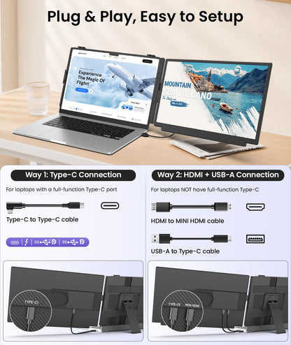 Orfibz 15.6" Laptop Screen Extender, 1080P FHD Detachable Laptop Monitor Extender, One Cable Plug & Play Portable Travel Monitor for 14"-17.3" Laptop Compatible with Wins/Mac/Chrome/Android