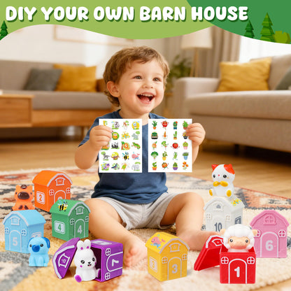 Montessori Toys for Toddlers, 20Pcs Farm Animal Toy Counting, Matching, Sorting Preschool Learning Toy Barn Toy including 10 Barns,10 Finger Puppets and 2 Stickers Birthday Gift Baby Boys Girls