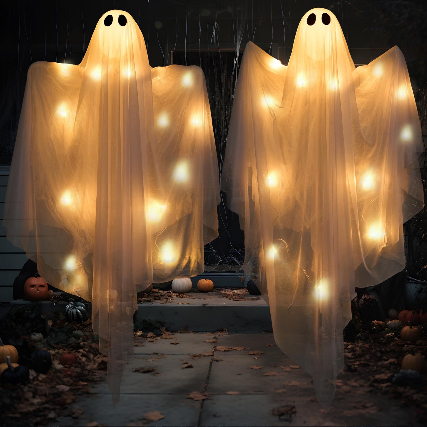 JOYIN 2 Pcs 47” Halloween Light up Hanging Ghost Decorations Outdoor, Halloween Flying Hanging Ghosts with Warm LED Lights and Timer for Haunted House Prop Front Yard Patio Party Decor Indoor Outdoor