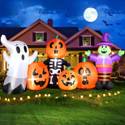 8 FT Length Halloween Inflatables Pumpkin Outdoor Decoration, Witch, Ghost, with Blow Up Pumpkin Inflatables Decorations Built-in LED Lights & Powerful Air Blower for Party Garden Halloween Decor