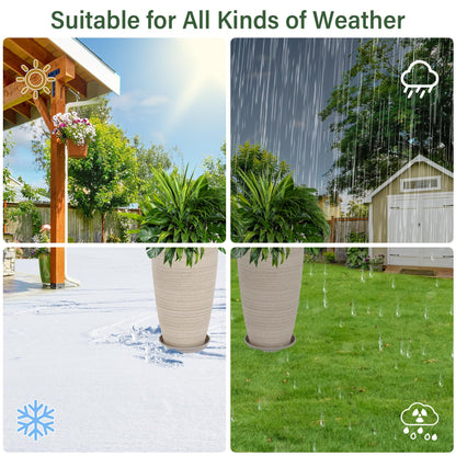 Neoaider Set of 2 Tall Planter, 21 inch Large Plastic Planter with Drain Hole & Saucers, Large Outdoor Planters for Porch, Garden, Patio, Balcony(Oat Color)